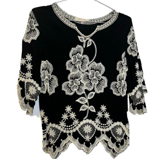 Solitaire Women's Blouse Top Multicolor Small Floral V-Neck Embroidered Rayon - Picture 1 of 9